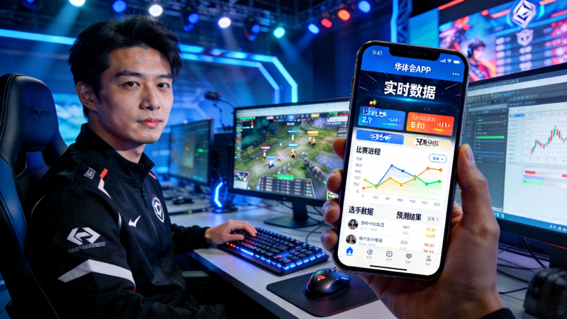 电竞分析师正在使用华体会APP查看实时数据 - 专业预测场景